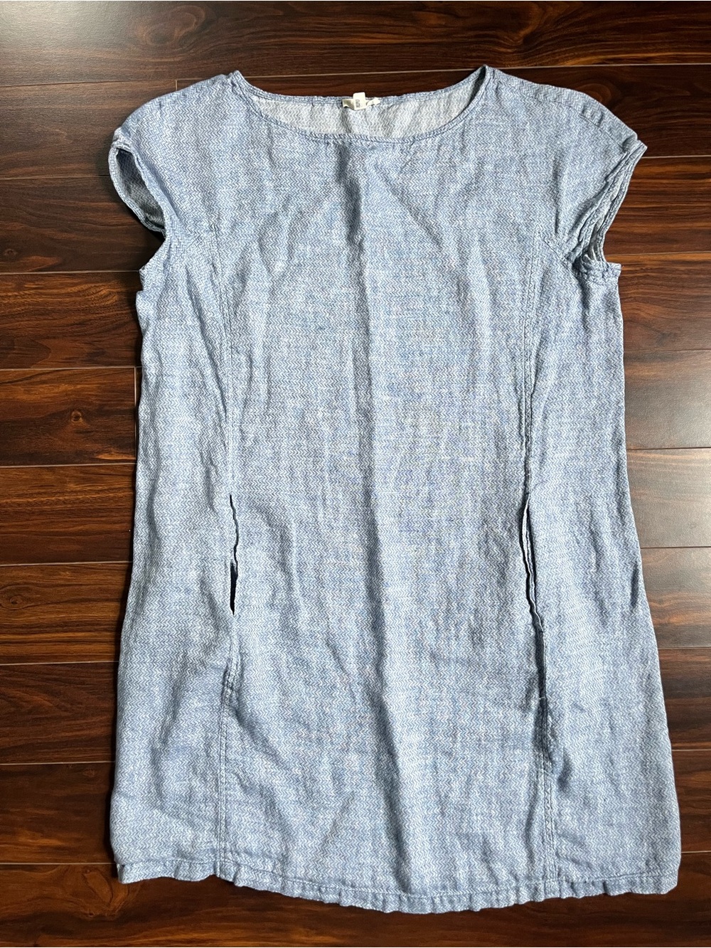 Eileen Fisher Blue 100% Organic Linen Chevron Shift Dress with Pockets, L, EUC